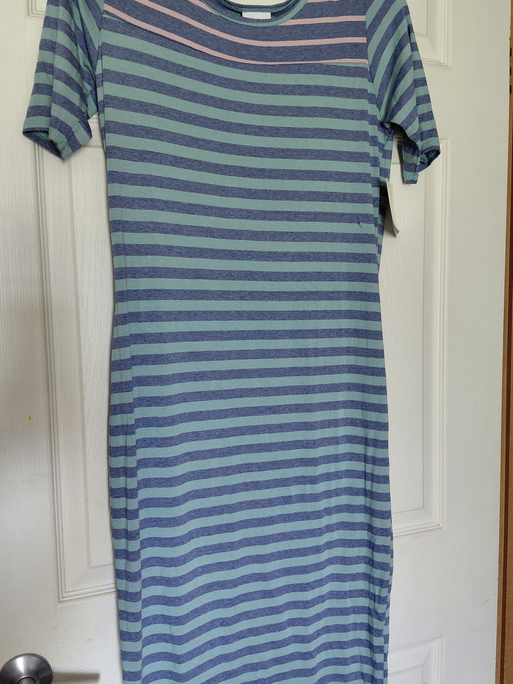 LuLaRoe Striped Midi Dress in Blue, Teal and Pink Accent